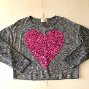 Gray, soft thin Knit Long sleeve Top with Pink glitter Sequin Heart Crop Top